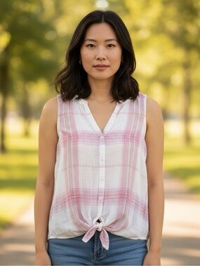 NWT Violet Skies Women’s Rose Plaid Sleeveless100% Cotton Shirt Blouse Top SizeM